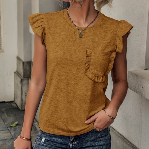 Boho Royal blue Pocket Ruffle Sleeve Casual Top - Picture 8 of 10